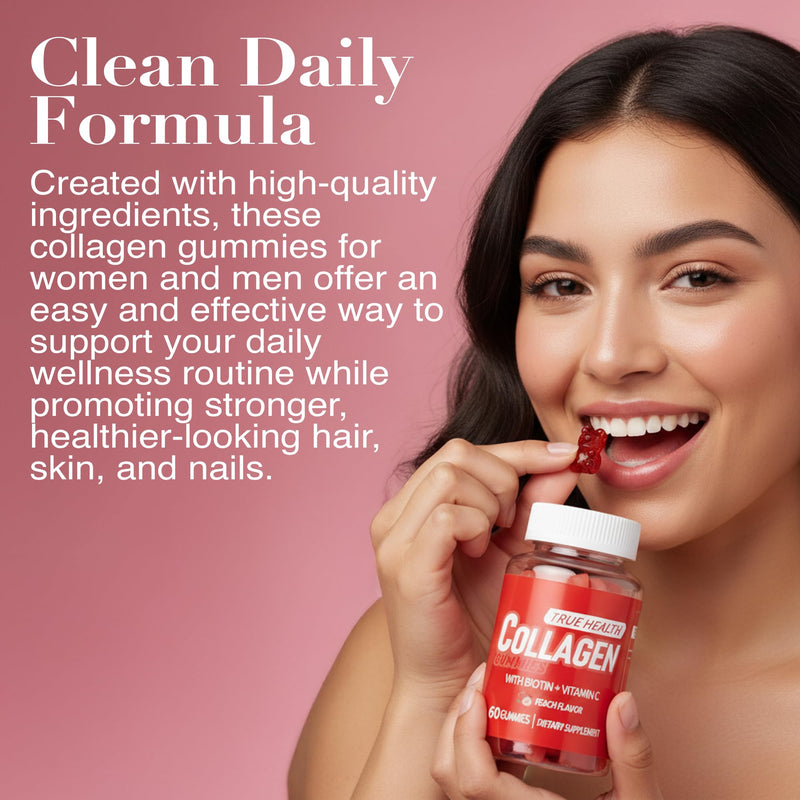 Collagen Gummies with Vitamin C and Biotin – Peach Flavored, Without Sugar or Gluten, Collagen Gummies for Women and Men – Multivitamins Supports Hair, Skin & Nails, 60 Units per Bottle 60 Gummies