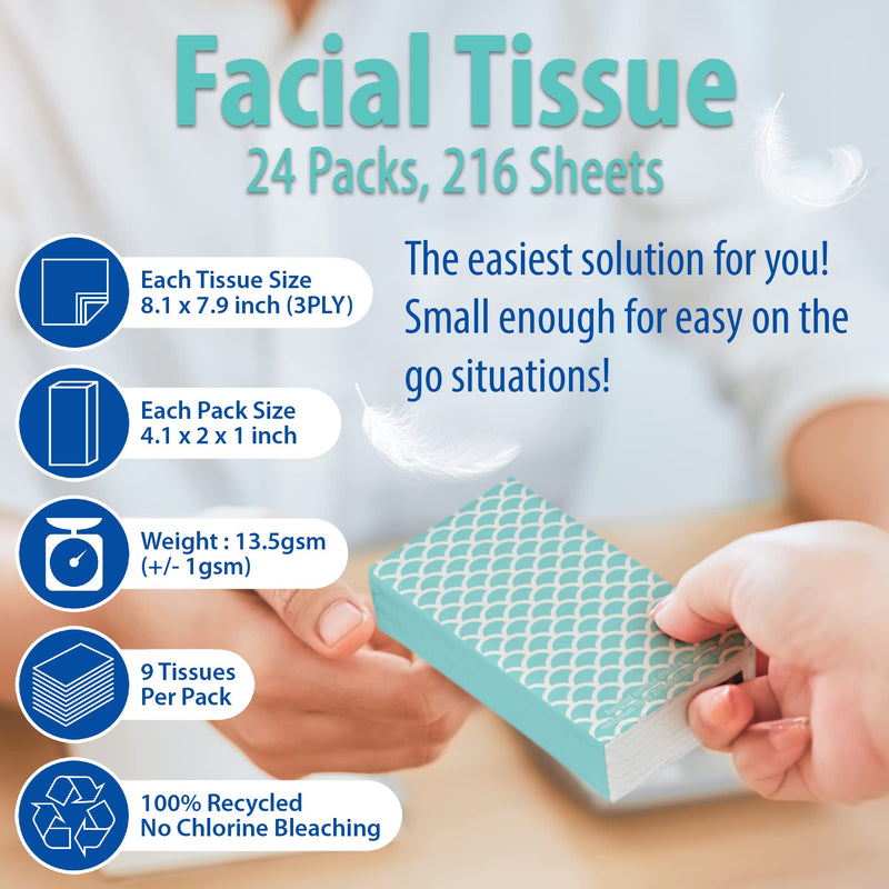 [Australia] - Funwares White Facial Travel Tissue Packs, Chlorine-Free, 24 Packs, 216 Tissues, 3-Ply Sheets, 9 Sheets Per Pack, Car, Travel, School, Work 