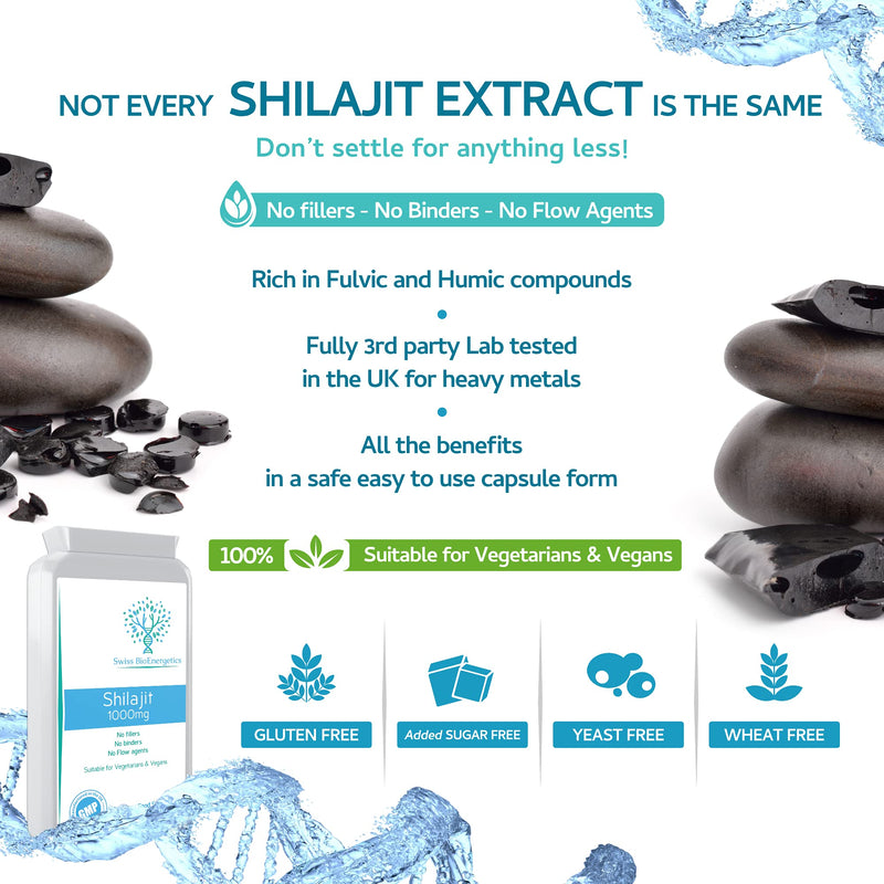 Shilajit 1000mg – containing Natural Fulvic Acid - 100% Pure Extract; No fillers, No Binders, No Flow Agents – Manufactured and Tested in the UK - Suitable for Vegetarians and Vegans
