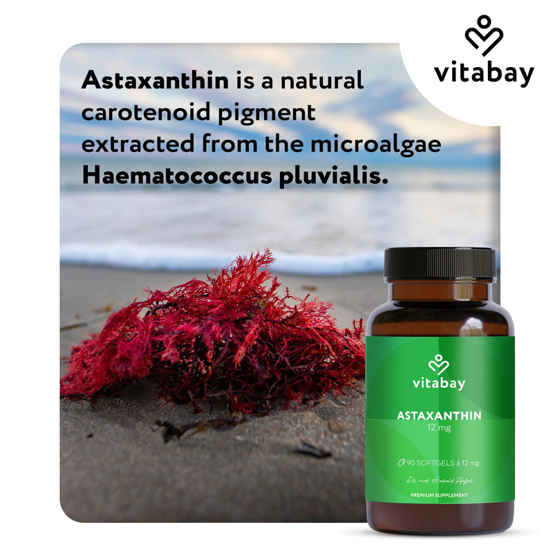 Vitabay Astaxanthin 12 mg High Strength – 90 Vegan Softgels – Laboratory Tested - No Additives – Premium Raw Material Naturally Derived from Haematococcus pluvialis Algae Extract – 6 Month Supply