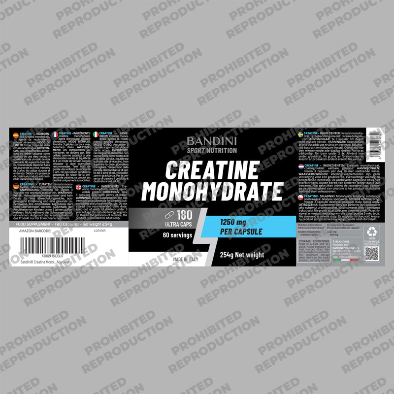 Bandini® Creatine Monohydrate 180 Capsules 3000mg per Serving - High Strength Gym Supplement for Men & Women - Pre Workout Energy Support - 100% Pure Micronized Creatine - Unflavoured Ultra Caps