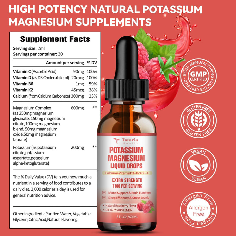 Potassium Magnesium Supplement Liquid Drops - High Absorption Potassium Supplement with Magnesium, Calcium, Vitamin D3 K2, Vegan, Non-GMO Potasio Support Leg Cramps, Bone, Muscle - 4 Fl oz 2 Fl Oz (Pack of 2)