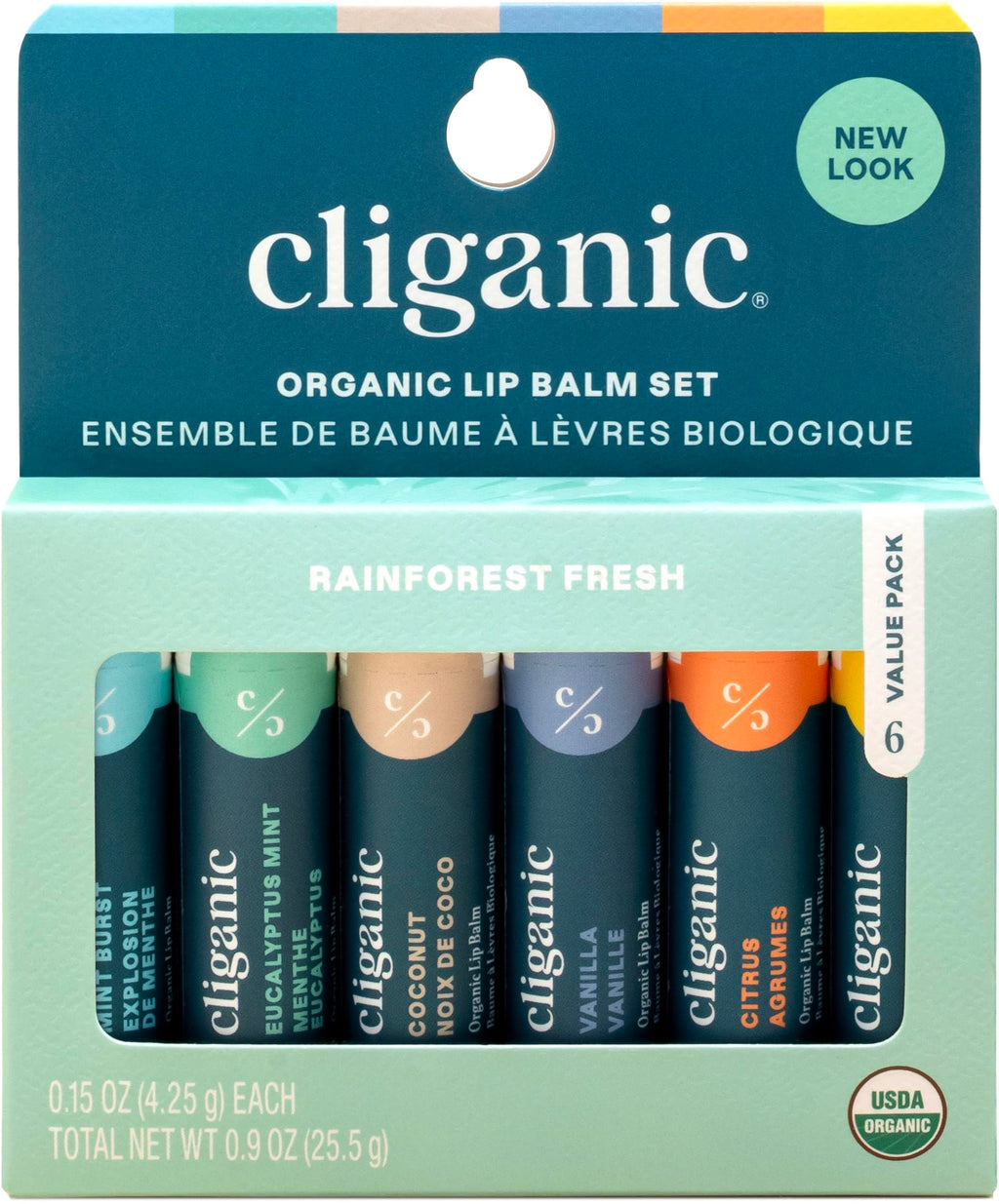 Cliganic USDA Organic Lip Balm Set - 6 Flavors - 100% Natural Moisturizer for Cracked & Dry Lips (Packaging May Vary) Rainforest Fresh 6 Count (Pack of 1)