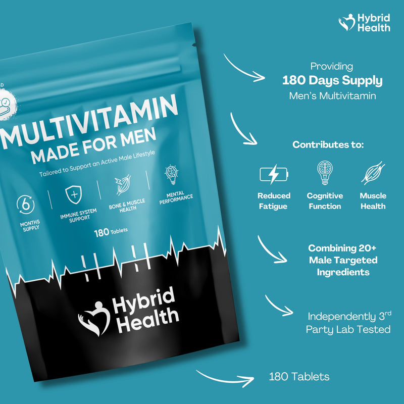 Hybrid Health Multivitamin for Men - 180 Vegan Tablets, 20+ Essential Active Vitamins and Minerals Including Vitamin C, Vitamin D, Vitamin K and Full Vitamin B-Complex, 180 Servings, 6 Months Supply