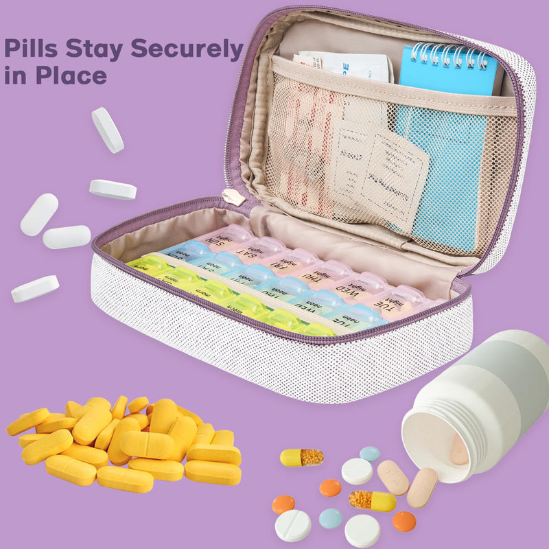 Weekly Travel Pill Organizer 2 Times A Day Pill Case for Purse with Removable AM PM 7 Day Pill Box Holder,Cute Medication Organizer Pill Container for Medicine, Vitamin, Supplement (Purple, Medium) Purple 02