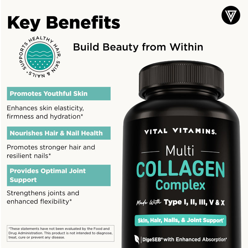 Vital Vitamins Multi Collagen Peptides Complex for Women & Men, 150 Pills | Supports Skin, Hair & Nails, 5 Collagen Types I II III V & X, Grass-Fed Non-GMO Collagen Supplements 150 Count (Pack of 1)