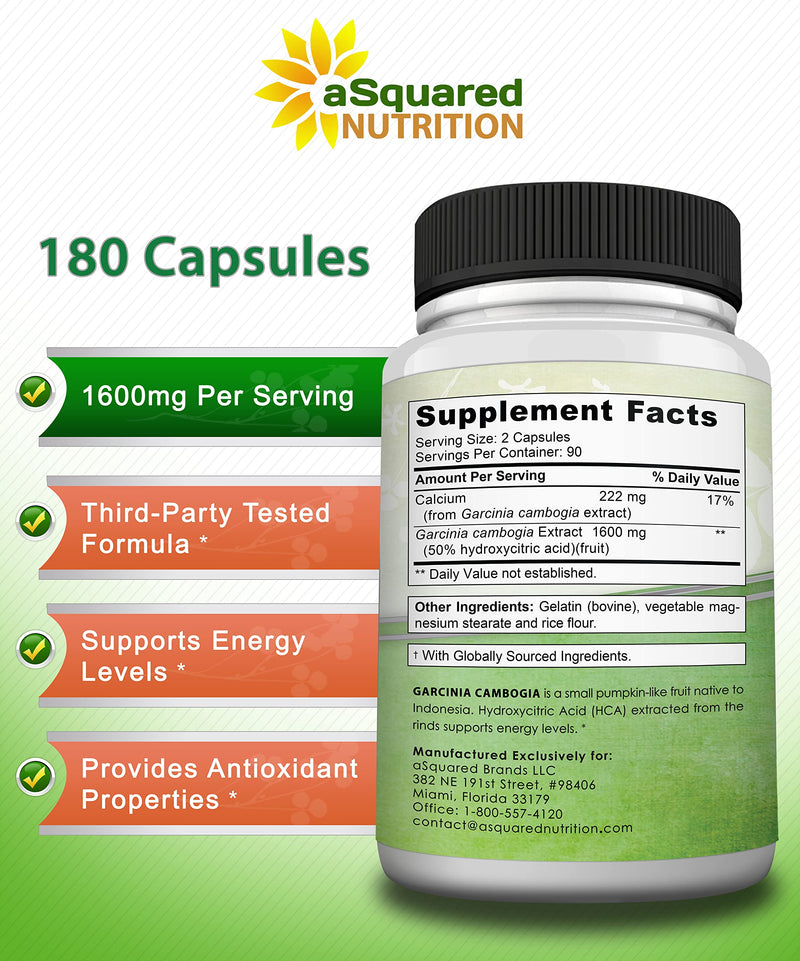 [Australia] - aSquared Nutrition Garcinia Cambogia 1600mg-180 Capsules-Natural Pure Extract Pills for Brain Health- Standardized Ultra HCA & Garcinia Cambogia Supplement Alternative to Gummies, Drops, Tea & Powder 