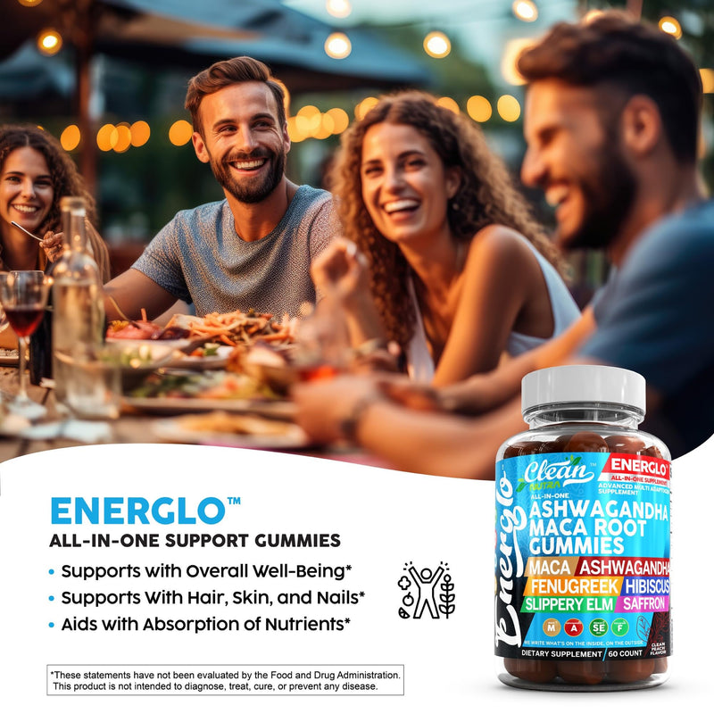 Ashwagandha Maca Root Gummies with Fenugreek Hibiscus Slippery Elm Saffron Extract & Beta Carotene | Peach Flavor Vegan Gummy Vitamins Adaptogen Cortisol Supplement Energlo By Clean Nutra 1