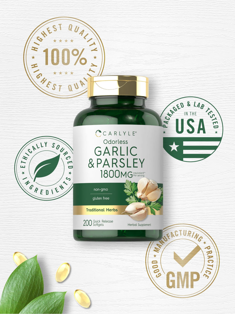 Carlyle Odorless Garlic & Parsley 1800mg | 200 Softgels | Non-GMO, Gluten Free Supplement 200 Count (Pack of 1)