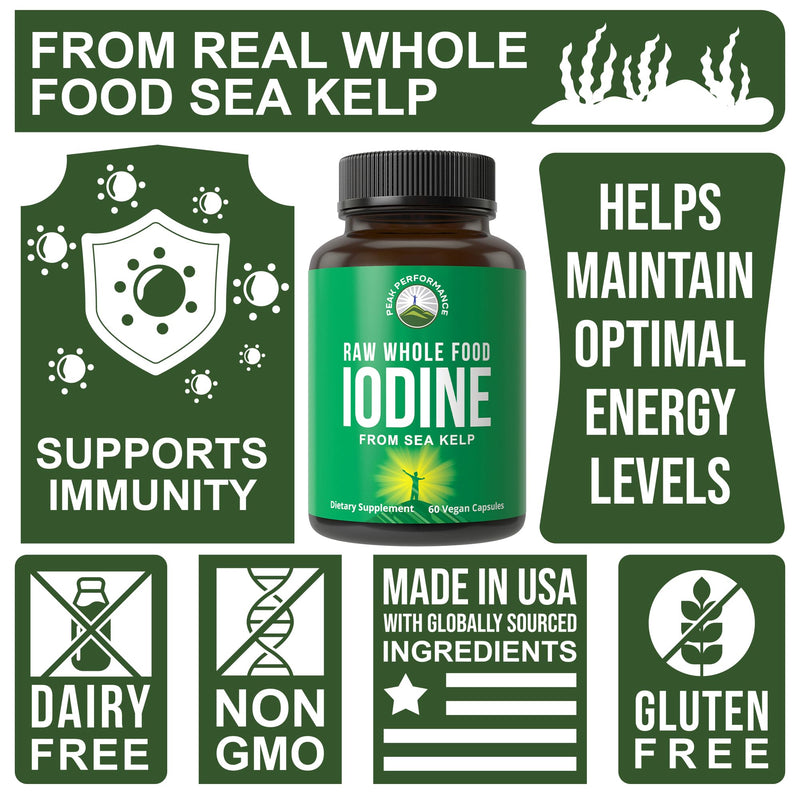 [Australia] - Raw Whole Food Iodine Supplement from Organic Kelp (Ascophyllum Nodosum) by Peak Performance. Potassium Iodide Support Tablets. for Metabolism, Energy, and Immune. 60 Vegan Capsules, Pills. 60 Count (Pack of 1) 