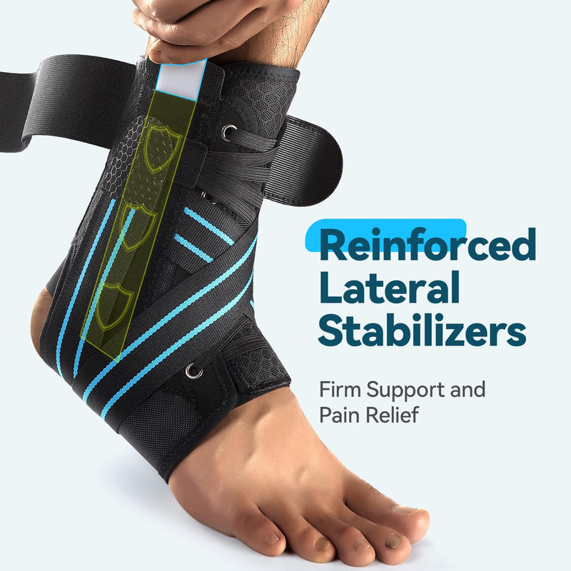 [Australia] - AGPTEK Ankle Brace for Women Men, Adjustable Lace-Up Ankle Support with Removable Splints for Sprained Ankle, Injury Recovery, Ankle Stabilizer Wrap for Basketball Volleyball Sports, Blue, M Medium 