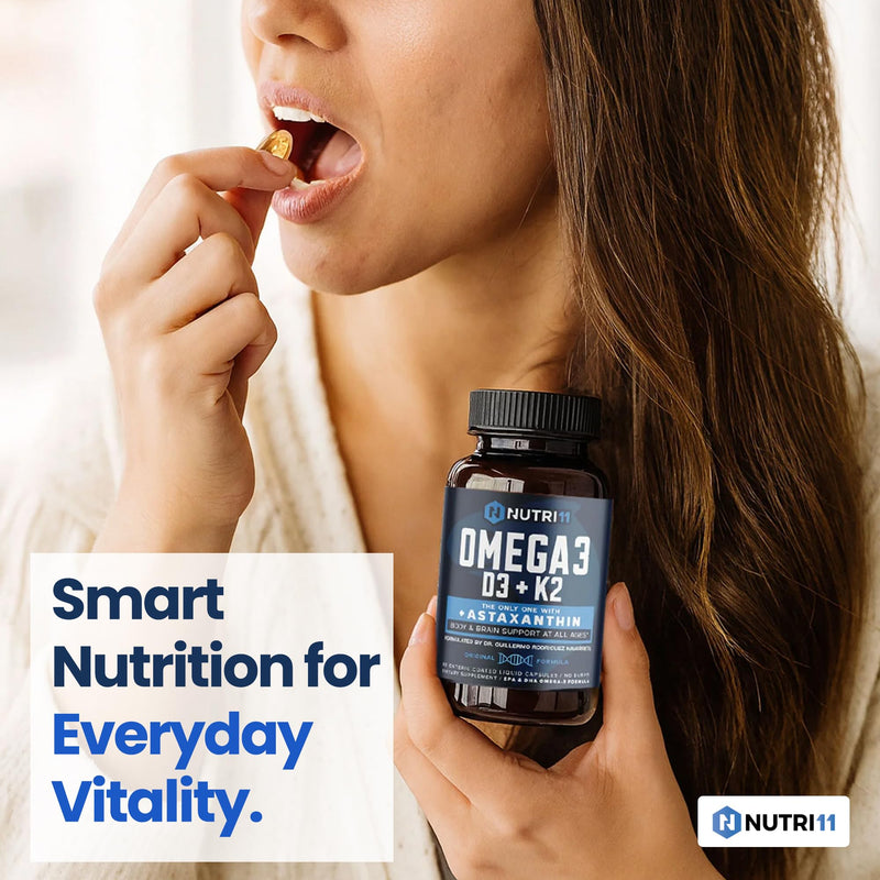Nutri11 Omega-3 Fish Oil with Vitamin D3, K2 & Astaxanthin — High EPA & DHA, Enteric-Coated Burpless Softgels | No Fishy Aftertaste | Doctor Formulated | 60 Liquid Capsules