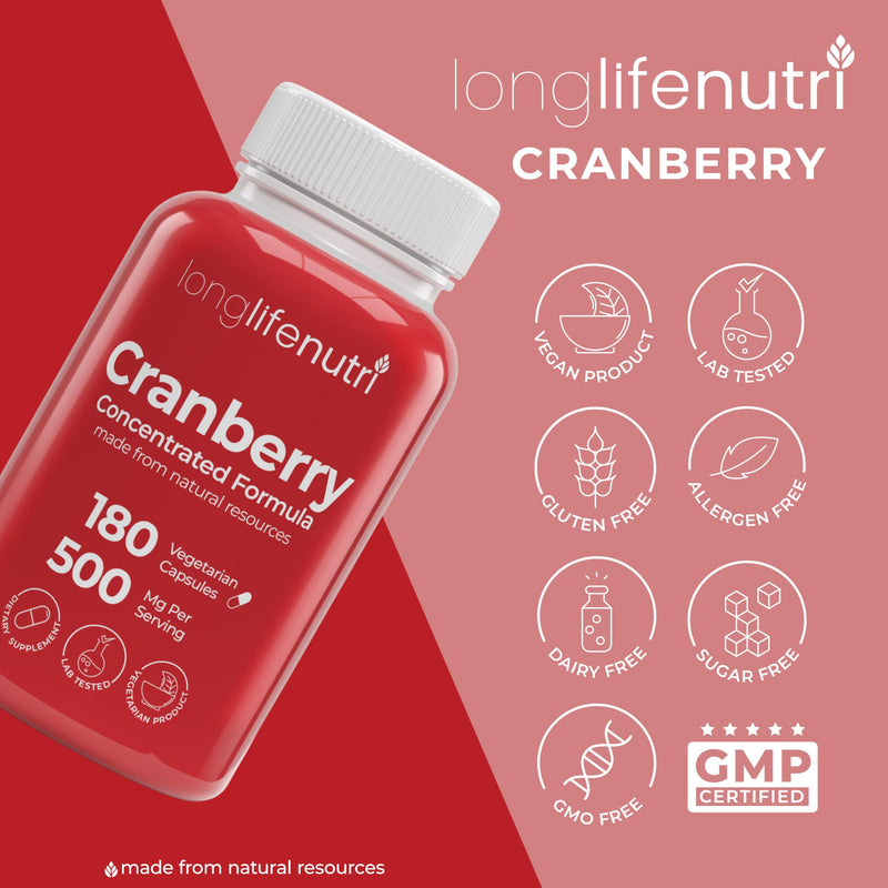 Cranberry Extract with Vitamin C & E - Pure Concentrated Formula, 500mg per Serving, 180 Vegetarian Capsules, Urinary Tract Health & Bladder, 6 Month Supply, Made in USA