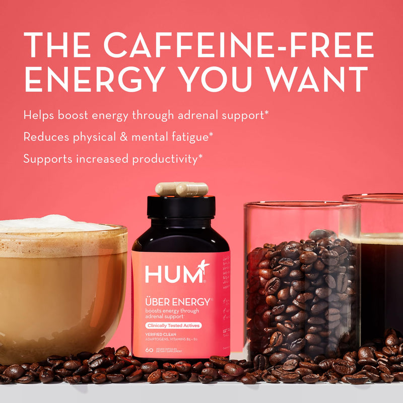 HUM Uber Energy Adaptogen & B Vitamin Supplement, 60 Count | Ashwagandha, Ginseng, Eleuthero, Rhodiola & Licorice Root, B5 & B6 Vitamins, Vegan, Non-GMO