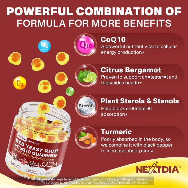[Australia] - Red Yeast Rice Gummies 2400MG with CoQ10, Suagr Free Balanced Ch·πèlester·πèl Supplements Plus Citrus Bergamot, Plant Sterols & Stanols Supports V·∏Åscul·∏År Health, Energy, Immunity for Age 50+,Vegan,60 Cts 