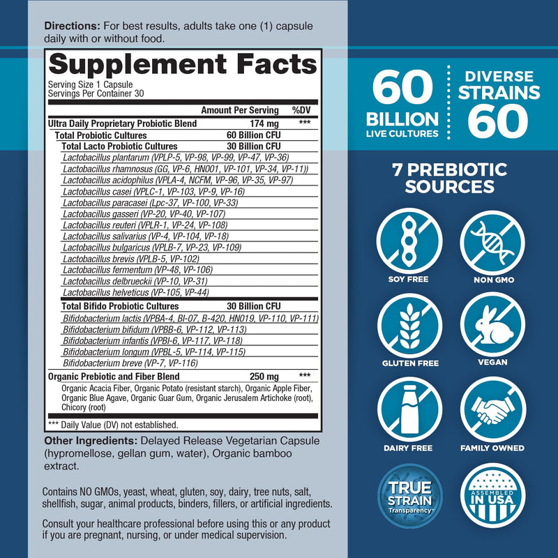 Vital Planet - Vital Flora Ultra Daily Probiotic 60 Billion CFU, Diverse Strains, Organic Prebiotics, Immune Support, Bloating Relief, Digestive Health Probiotics for Women and Men 30 Capsules 1 Count (Pack of 30)