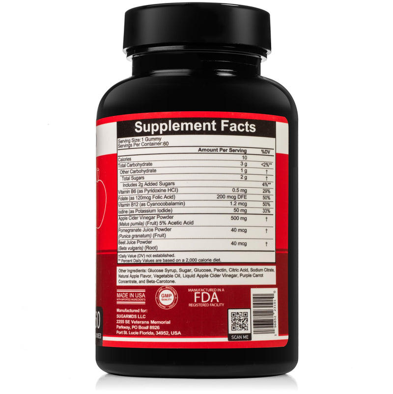 SugarMD Apple Cider Vinegar 60 Gummies - Vitamin B6 & B12-500mg Apple Cider Vinegar Supplement from Raw, Unfiltered, & Unpasteurized Apples - Vegan & Halal
