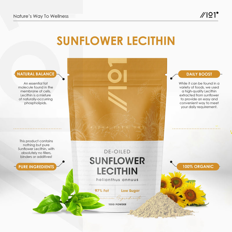 Sunflower Lecithin Powder 100g – De-Oiled 97% Essential Fat – Premium Quality – Resealable and Recyclable Pouch by Alpha01 100 g (Pack of 1)