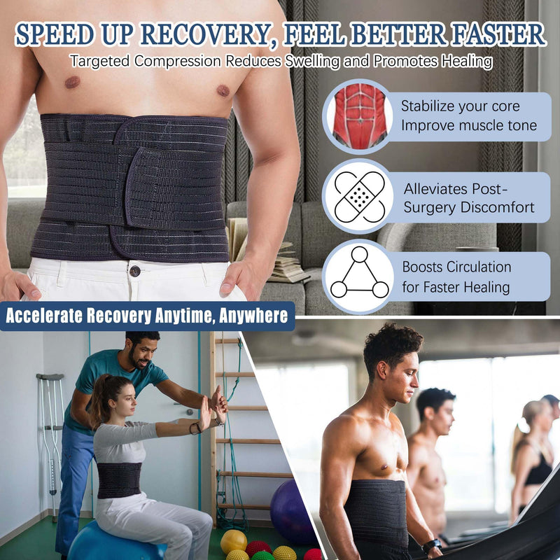 Reian Abdominal Binder for Men – Post-Surgery Support and Core Stability, Adjustable Compression Wrap (Black, Large) Black