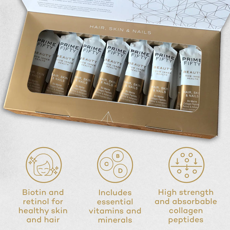 Prime Fifty Liquid Collagen 5,000mg, 14 x 15ml Sachets – Passion Fruit Flavour – Bio-Marine Collagen Supplements for Women – Biotin, Retinol, Selenium & Vitamins A, D, C & B12