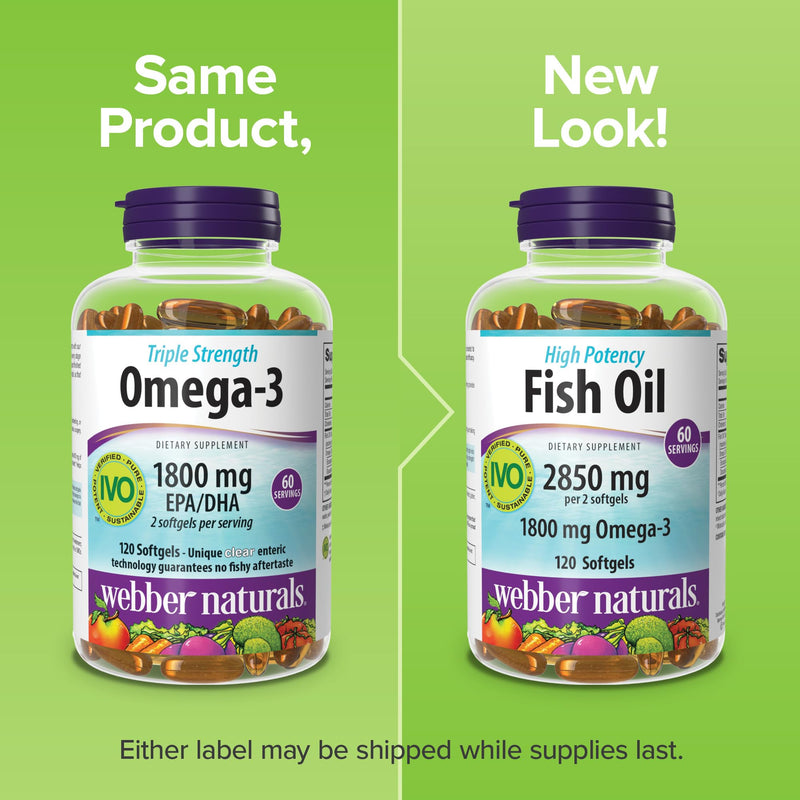 Webber Naturals Triple Strength Omega-3 Fish Oil, 1,800 mg Omega-3 (1,200 mg EPA / 600 mg DHA) per Serving, 120 Clear Enteric Softgels, No Fishy Aftertaste, for Heart, Brain and Joint Health