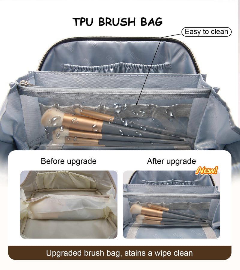 BOYATU Travel Makeup Bag for Women: Large Capacity 3-Piece Cosmetic & Toiletry Organizer - Expands Storage by 50% with 2 Detachable Pouches,Opens Flat for Easy Packing,Waterproof PU Leather(Brown) A-6-Brown