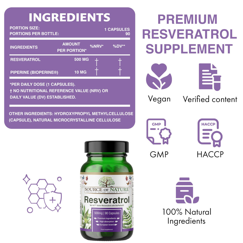 Trans-Resveratrol 500 mg | 90 Vegan Capsules | High Strength | 98% Purity | Naturally Fermented | with Piperine | Lab Tested | Premium Quality 90 count (Pack of 1)