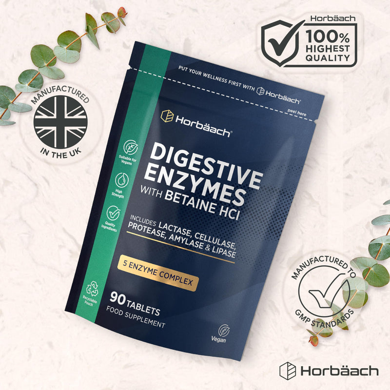 Digestive Enzyme Supplements | Complex with Betaine HCL, Amylase, Lactase, Protease, Lipase & Cellulase | 90 Vegan Tablets | by Horbaach