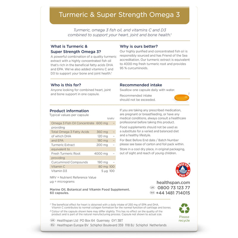 Healthspan Turmeric & Omega 3 | 60 Capsules | Added Vitamin C & Vitamin D3 | Heart, Joint & Bone Health | Sustainably Sourced