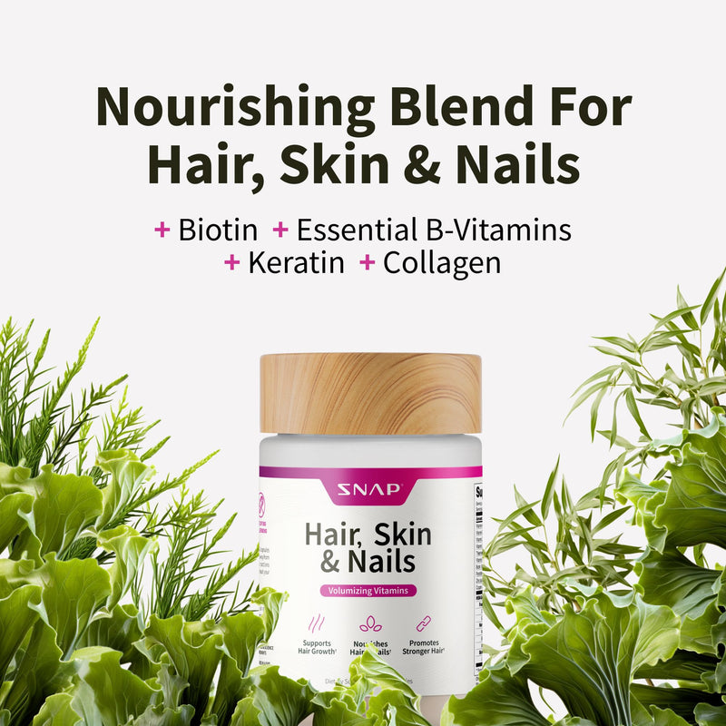 Snap Supplements Hair, Skin & Nails Vitamin, Radiant-Looking Skin, 60 Count | Support Hair Growth, Nourish Skin & Nails with Biotin, Collagen, Kelp, Bamboo and Other Vitamins, Gluten-Free, 30-Day Supply