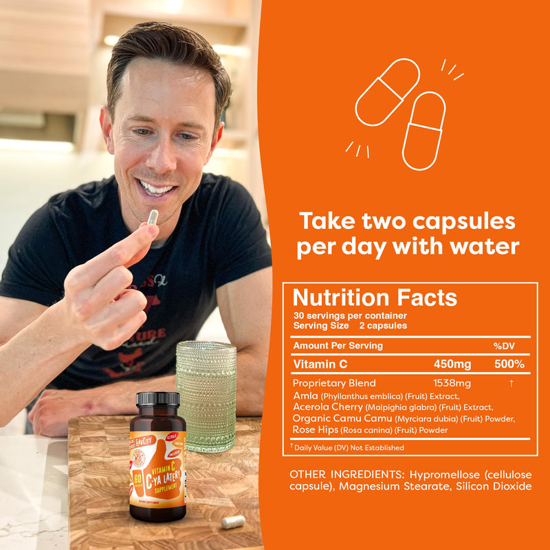 [Australia] - FlavCity Vitamin C Supplement, C-Ya Later! Superfood-Derived Immunity Support - Bioavailable Vitamin C Immune Support from Acerola Cherry, Rose HIPS & Camu Camu - 500% Daily Value (60 Capsules) C-Ya Later! Vitamin C 