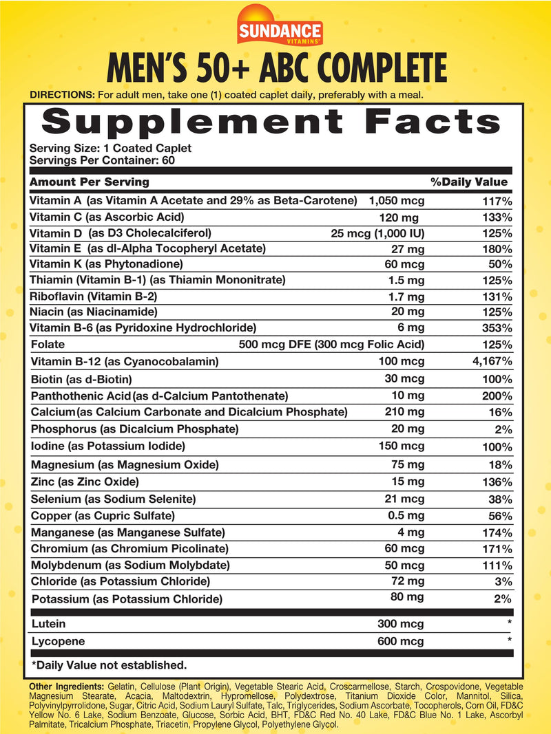 Sundance Men's 50+ Multivitamin Caplets | with Vitamins A, C, E, B6, B12 | Multimineral Formula | Non-GMO & Gluten Free Supplement