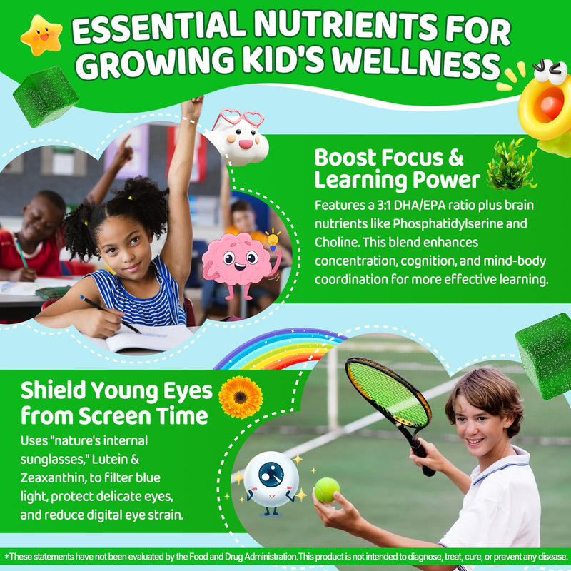 Kids Super Greens Gummies, w/Multivitamins, 20+ Veggie Fruit, Prebiotics | Kids Vitamins Greens Superfood Gummies + Calcium, Omega-3 (DHA/EPA)，for Picky Eater Growth, Energy, Immune, Digestion, 1 Pack 60 Count (Pack of 1)
