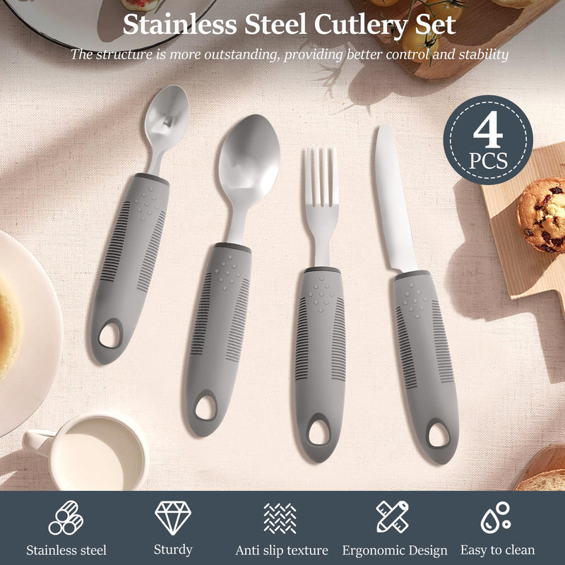 4 Pcs Adaptive Utensil Set Nonslip Easy Grip Cutlery for Adults Include Heavy Stainless Steel Spoon, Fork, Knife, Arthritis Aid Silverware for Elderly and Persons with Shaking Hands