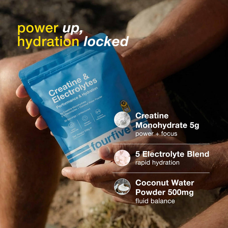 fourfive Creatine & Electrolytes Powder (Creatine Monohydrate) Easy Dissolve, Unflavoured & Vegan, Hydration & Strength Performance - 206g Pouch (30 Servings)