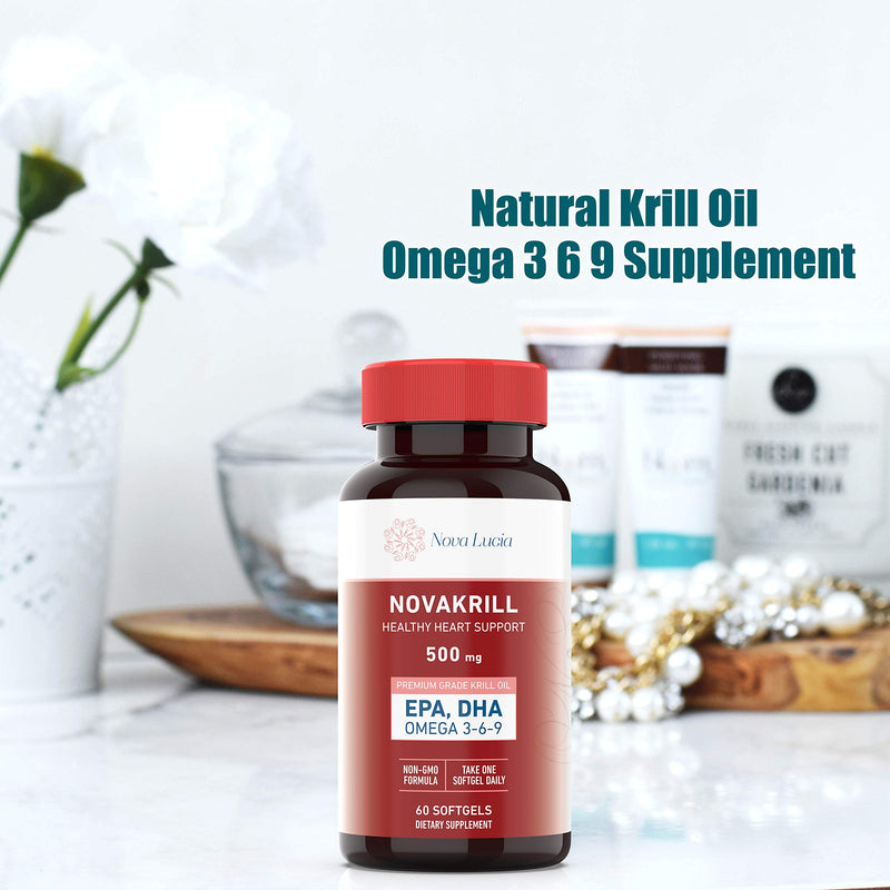 [Australia] - Natural Krill Oil Omega 3 6 9 Supplement, Burpless 60 Red Liquid Softgels, Rich in EPA, DHA, Astaxanthin, No Fishy Aftertaste, 1000mg per 2 Softgels 