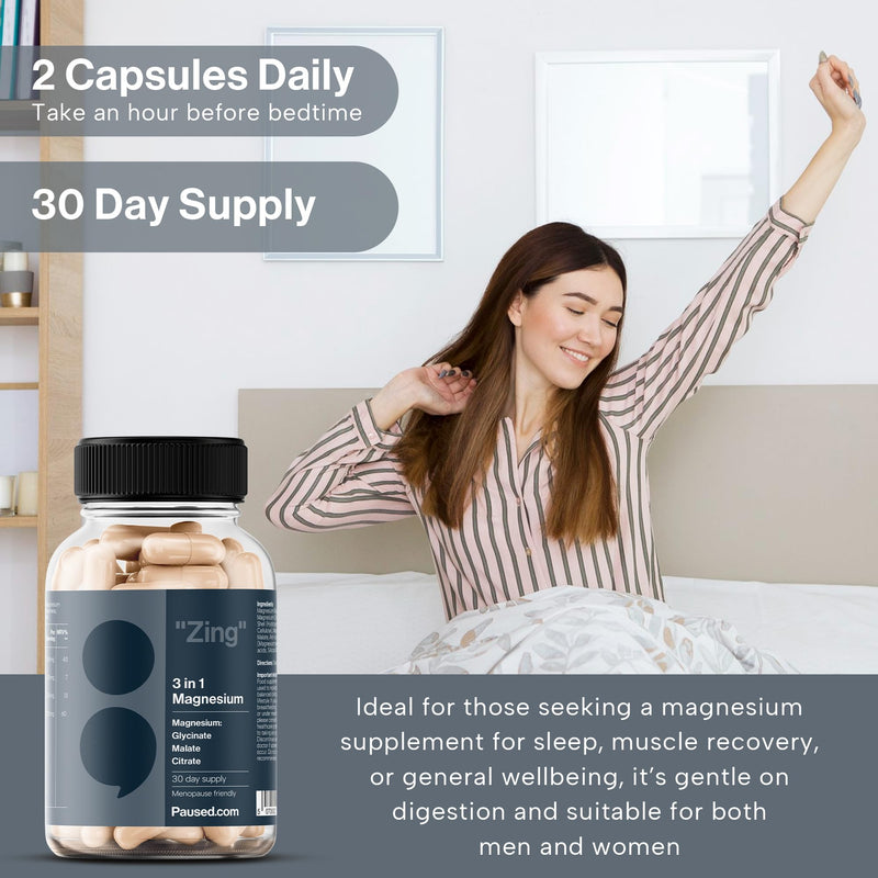 Paused Magnesium 3-in-1 Complex – 225mg Elemental Magnesium from Glycinate, Citrate & Malate – 60 Vegan Capsules – Magnesium for Energy, Muscles & Nervous System – Made in UK