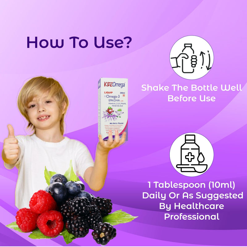 HealthAid KidzOmega Liquid - High Strength Omega 3 Fish Oil for Kids - with Vitamin A, C, D, E & Folic Acid – for Brain Development, Vision & Immunity - Wild Berry Flavour - 200ml