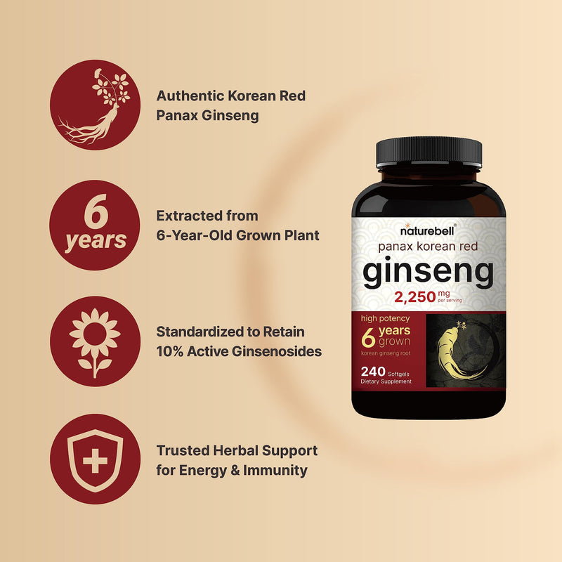 Korean Red Ginseng 2,250mg Per Serving, 240* Softgels | Panax Ginseng Root, Standardized to 10% Ginsenosides, Non-GMO, Support Energy, Male Performance, & Immune System