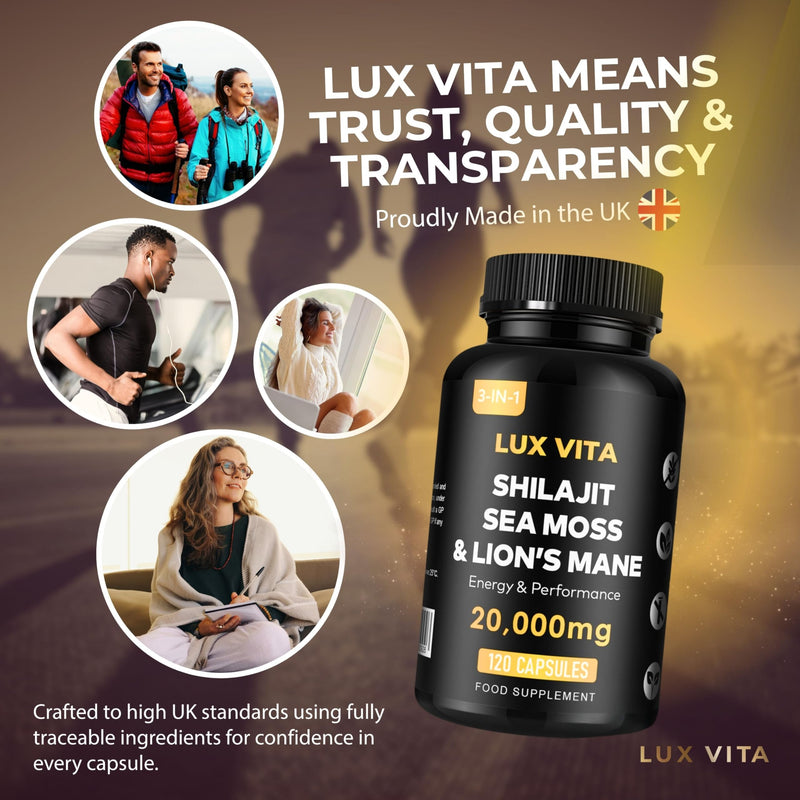 Shilajit with Sea Moss & Lion’s Mane Capsules – 3-in-1 | 4 Month Supply | Herbal Energy, Brain Focus, Daily Mineral & Vitality Supplement – Vegan High Strength Formula | Lux Vita