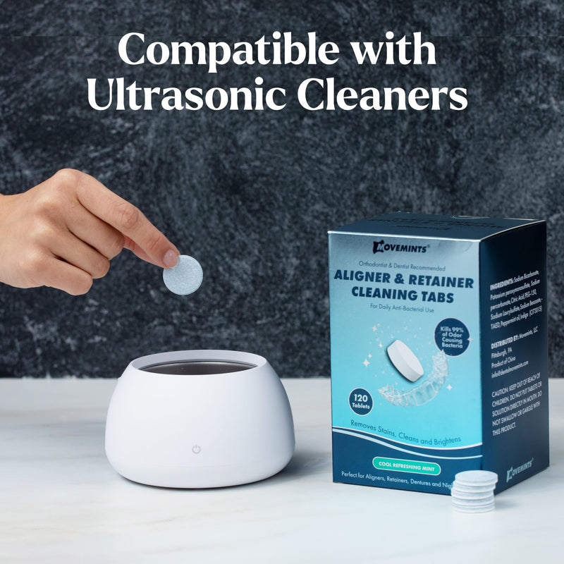 [Australia] - Movemints Cleaning Tablets for Aligners, Retainers, Dentures, Night Guard – Ultrasonic Compatible – Freshen Appliance and Remove Stains, Odors, and Plaque – Mint, 120 Count 