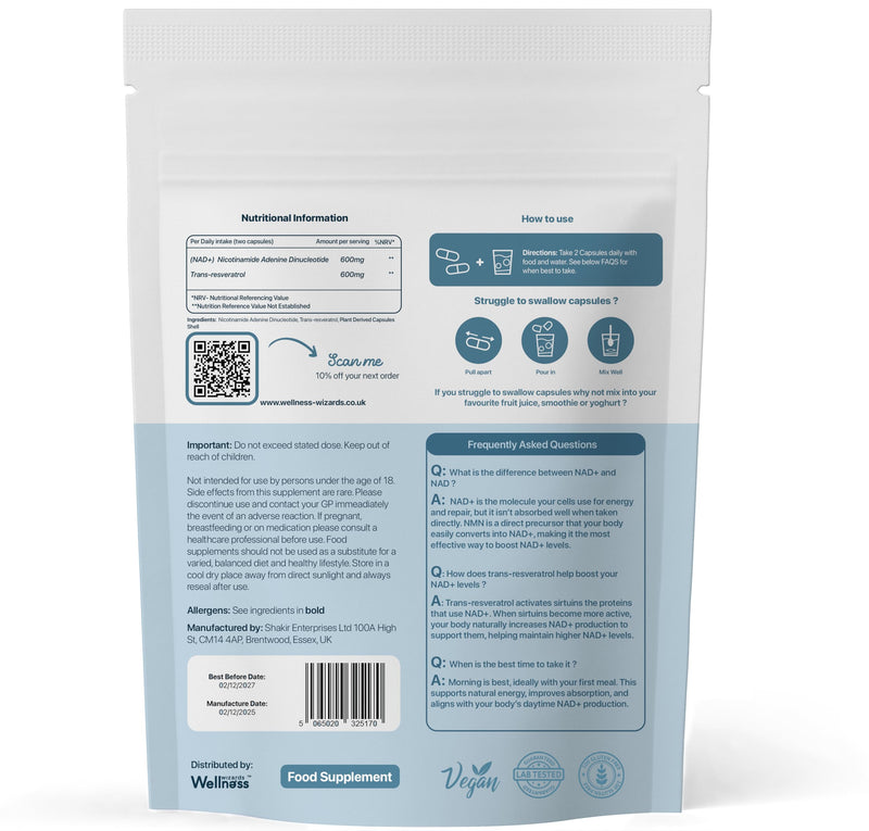 NAD+ 1200MG with Trans Resveratrol | 120 Vegan Capsules | No Fillers, Binders or Additives | Made in The United Kingdom