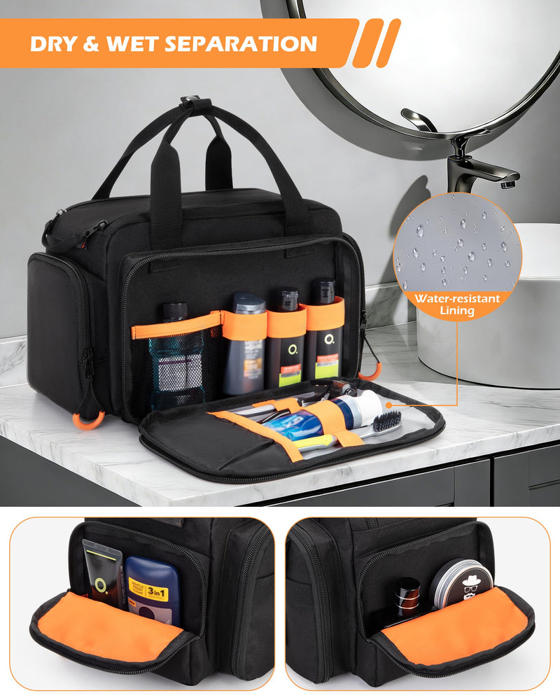 Tactical Travel Toiletry Bag for Men, Extra Large Dopp Kit Organizer | Large Toiletry Bag with Dual Way Zippers, Tactical Design, Wet & Dry Separation,Travel Hygiene Bag for Shaving Grooming Black