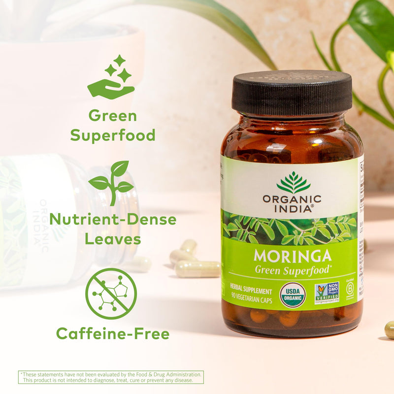 ORGANIC INDIA Moringa Herbal Supplement - Green Superfood, Nutrient Dense, Pure Plant Protein, Vitamin A, E, K, Iron, Calcium, Fiber, Vegan, Gluten-Free, USDA Certified Organic - 90 Capsules 90 Count (Pack of 1)