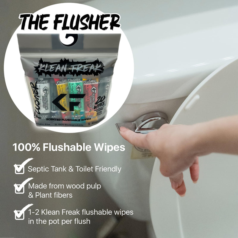[Australia] - THE KLEAN FREAK FLUSHER - Flushable Wipes For Adults & Kids - 100% BIODEGRADABLE Individual Wrapped Travel WET Wipe for Toilet - Soothing Aloe & Witch Hazel - Alcohol Free 20 Pack - Mixed 