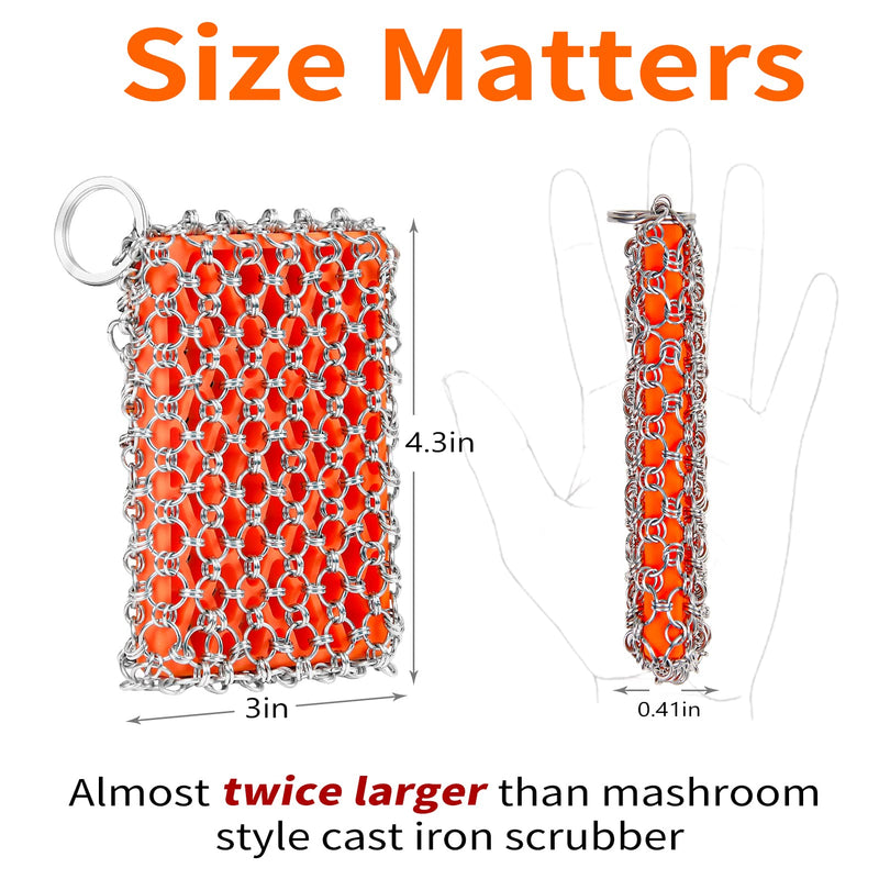 [Australia] - [Dual-use] Cast Iron Scrubber Cleaner-Stainless Steel Chain Mail | Silicone Support Chainmail Scrubber-Detachable Cast Iron Pan Pot Skillet Griddle Cleaning Kit-Scrubbing Pad to Clean Dutch Oven, Wok 316L Chain Mail Wrap+ Orange Silione pad 