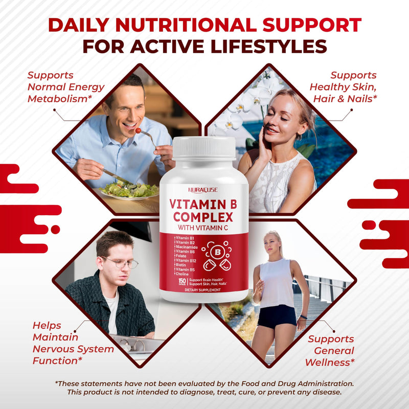 Vitamin B Complex Vitamin B1, B2, 6,9,12 Niacin, with Vitamin C - Support Brain Health, Energy Levels, Skin, Hair, and Nails 150 count (pack of 1)