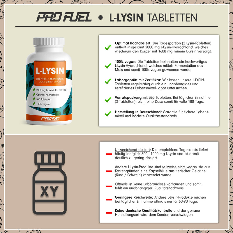 [Australia] - L-lysine tablets 365x - optimally high dose with 2000 mg lysine HCL per day, of which 1600 mg pure L-lysine - essential amino acid from fermentation - 100% vegan - laboratory tested with certificate 1x 365 tablets 