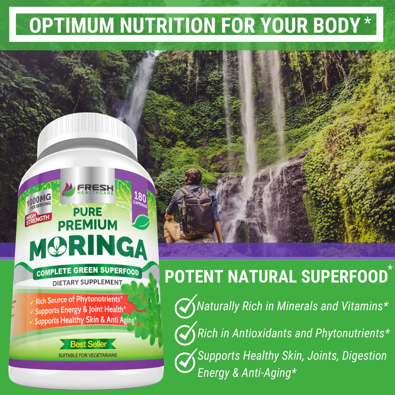 [Australia] - FRESH HEALTHCARE Moringa Oleifera 180 Capsules – 100% Pure Leaf Powder - 3 Month Supply - Non GMO and Gluten Free - Complete Green Superfood Supplement - Energy, Metabolism and Immune Support 