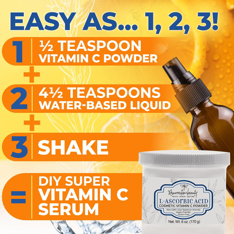 100% Pure L-Ascorbic Acid (Cosmetic Vitamin C Powder for Face) to Make Your Own Premium Beauty Serum, Skincare Mask Treatment, Hyaluronic Serums with Vit C & DIY Facial Skin Care Products 6 OZ 1
